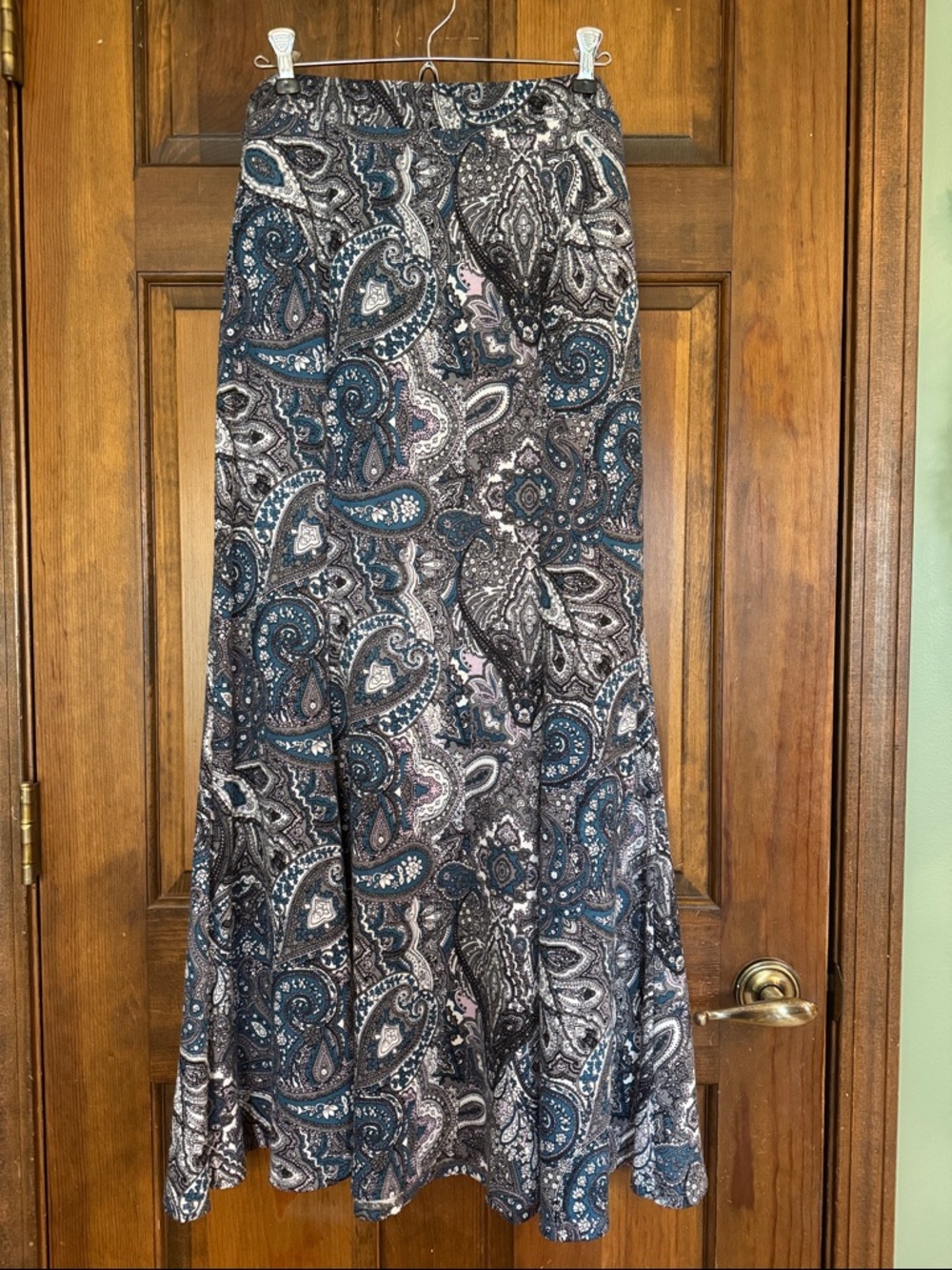 Cato Teal, Black, White & Gray Paisley Flared Maxi Skirt, Sz M